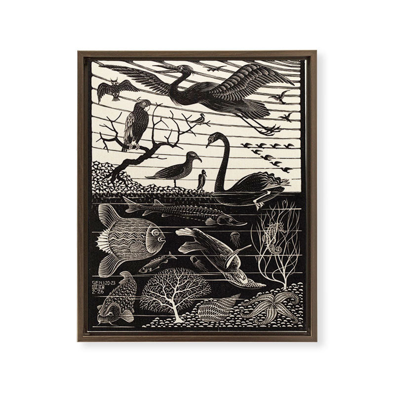 "The Fifth Day of Creation" by M.C. Escher Framed Canvas Print