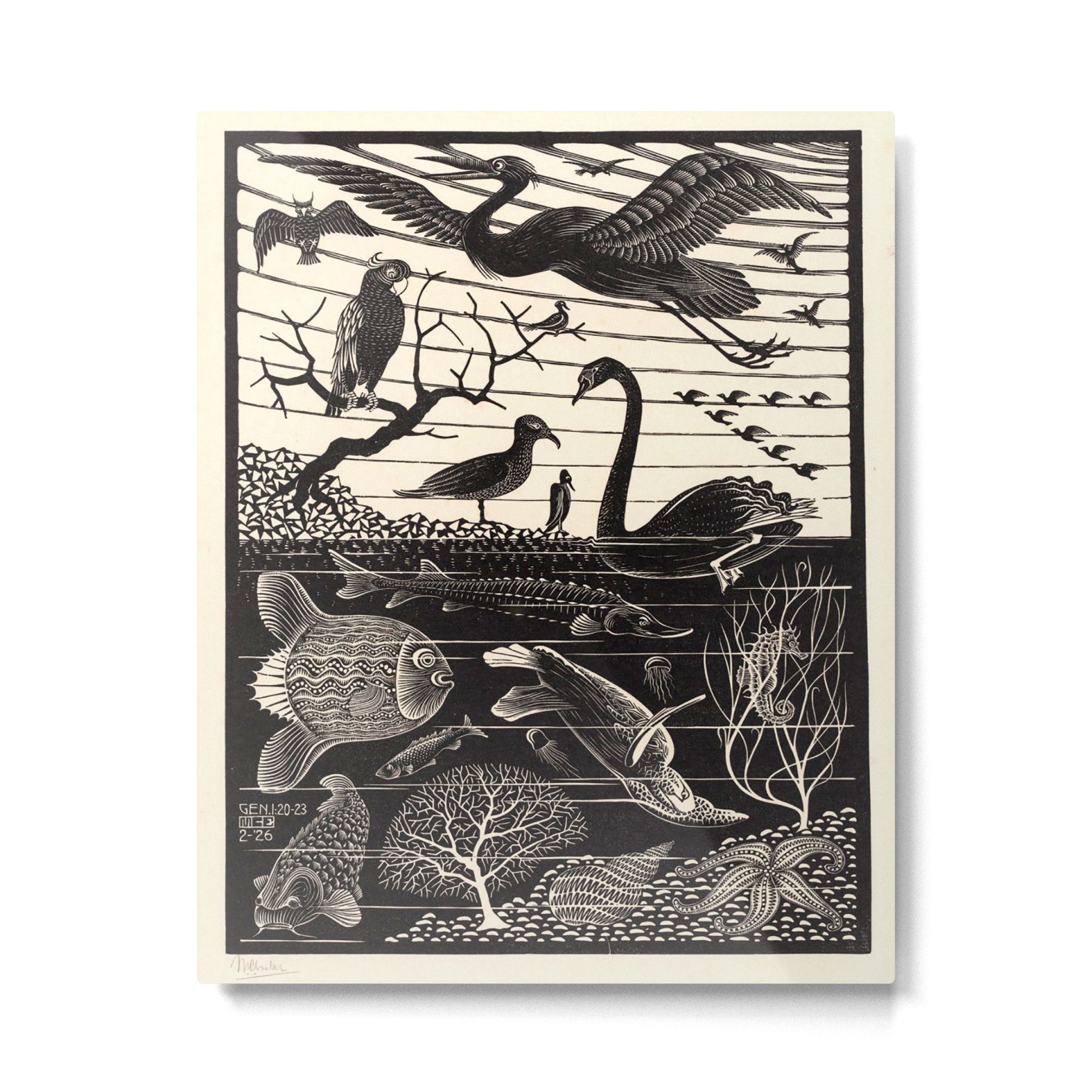 "The Fifth Day of Creation" by M.C. Escher Metal Print