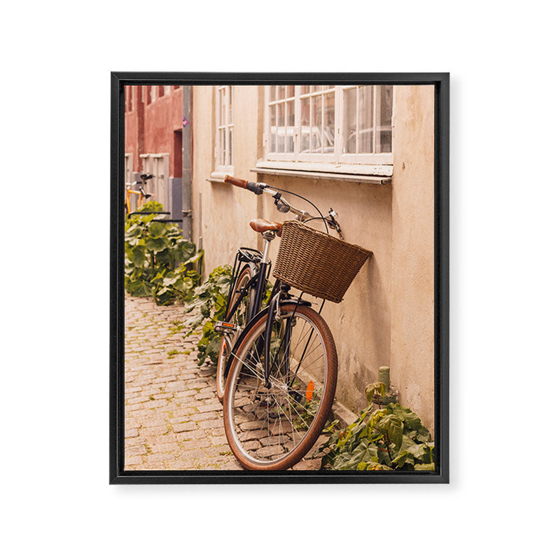 A bicycle in a Copenhagen street | Travel photography | Scandi Europe Scandinavia  Framed Canvas Print