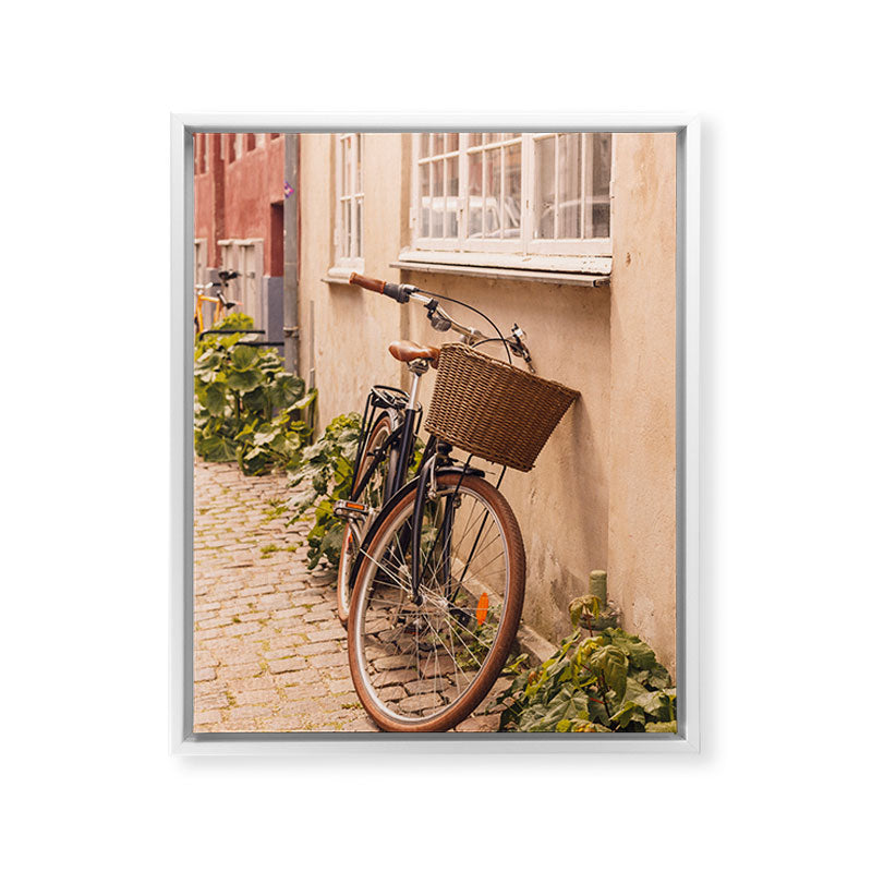 A bicycle in a Copenhagen street | Travel photography | Scandi Europe Scandinavia  Framed Canvas Print