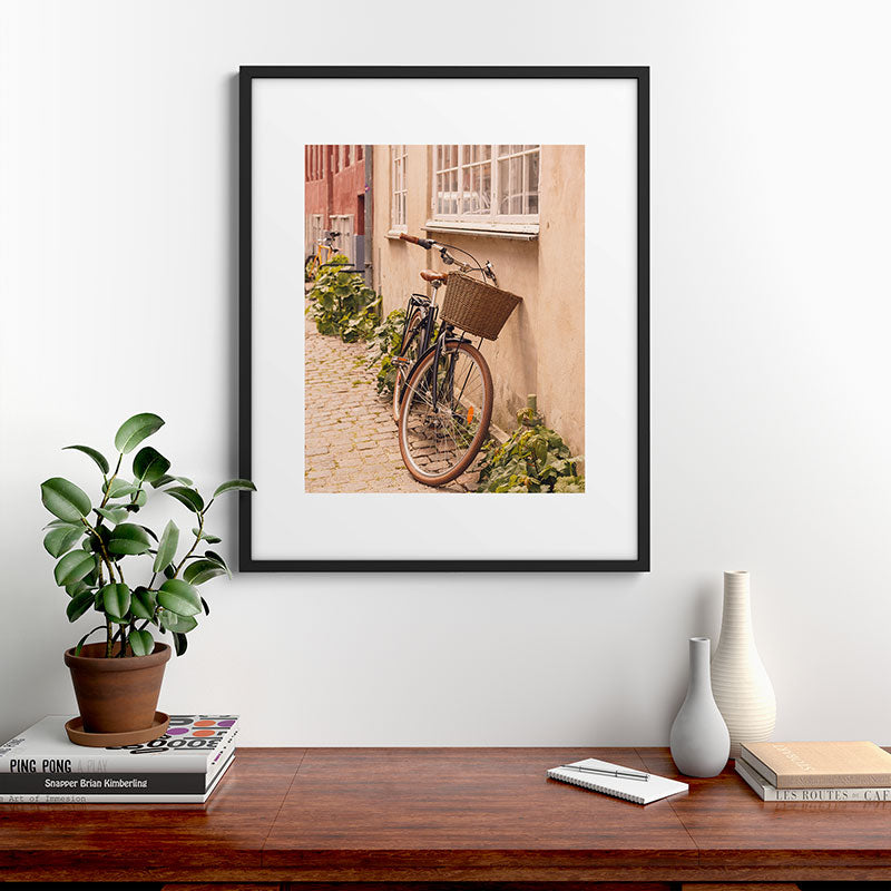 A bicycle in a Copenhagen street | Travel photography | Scandi Europe Scandinavia  Framed Art Print