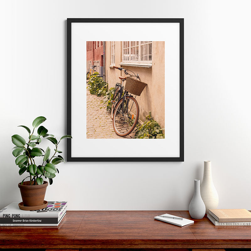 A bicycle in a Copenhagen street | Travel photography | Scandi Europe Scandinavia  Framed Art Print