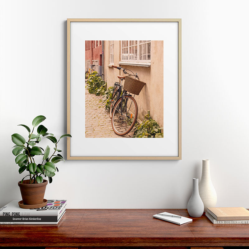 A bicycle in a Copenhagen street | Travel photography | Scandi Europe Scandinavia  Framed Art Print