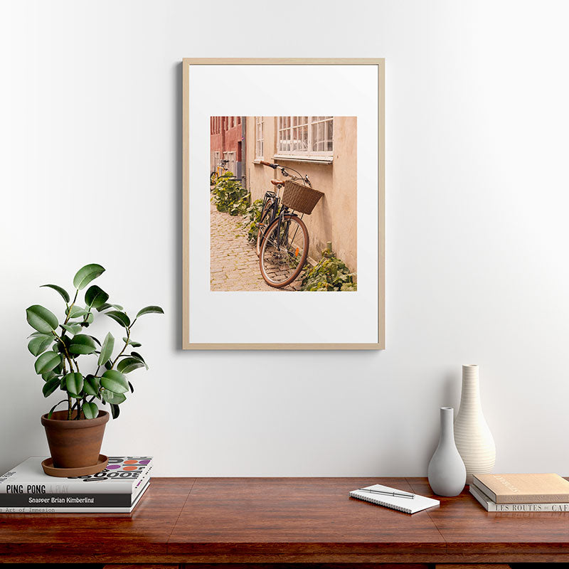 A bicycle in a Copenhagen street | Travel photography | Scandi Europe Scandinavia  Framed Art Print