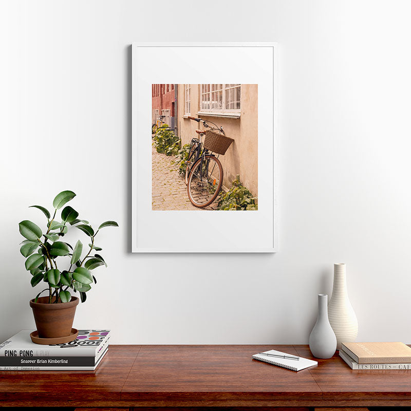 A bicycle in a Copenhagen street | Travel photography | Scandi Europe Scandinavia  Framed Art Print