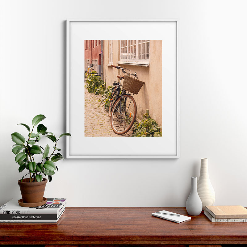 A bicycle in a Copenhagen street | Travel photography | Scandi Europe Scandinavia  Framed Art Print
