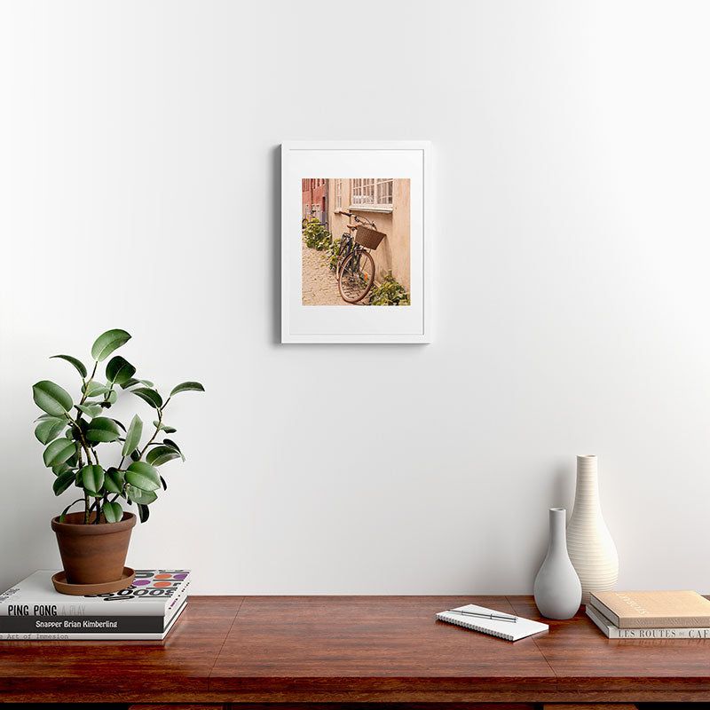 A bicycle in a Copenhagen street | Travel photography | Scandi Europe Scandinavia  Framed Art Print