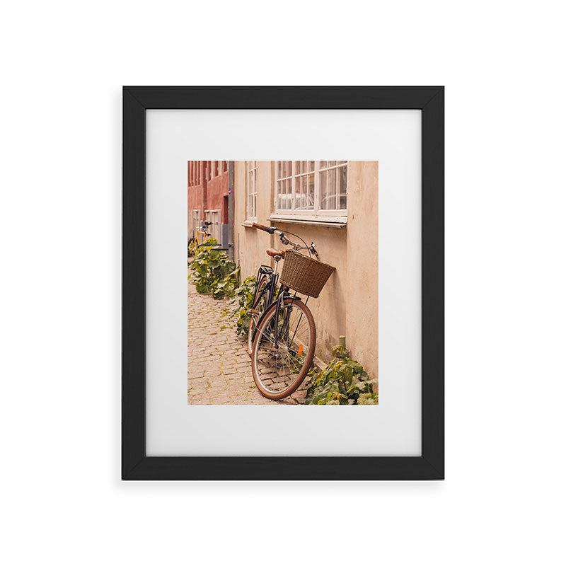 A bicycle in a Copenhagen street | Travel photography | Scandi Europe Scandinavia  Framed Art Print