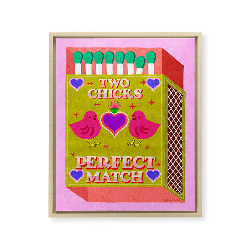2 Chicks Perfect Match Vintage Matchbox Green & Pink Palette Framed Canvas Print