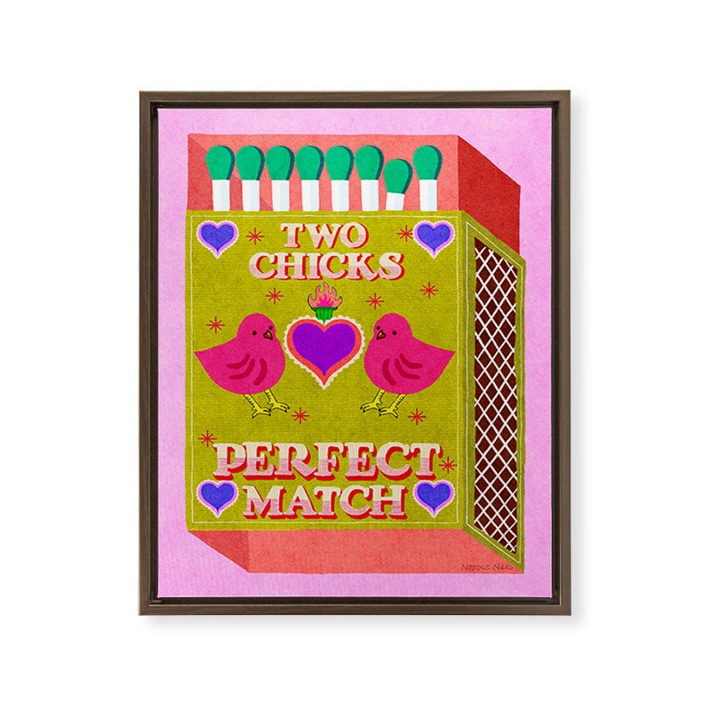 2 Chicks Perfect Match Vintage Matchbox Green & Pink Palette Framed Canvas Print