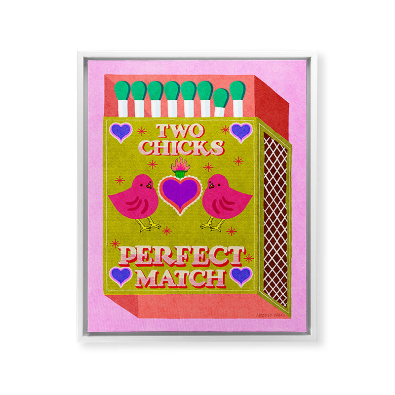 2 Chicks Perfect Match Vintage Matchbox Green & Pink Palette Framed Canvas Print