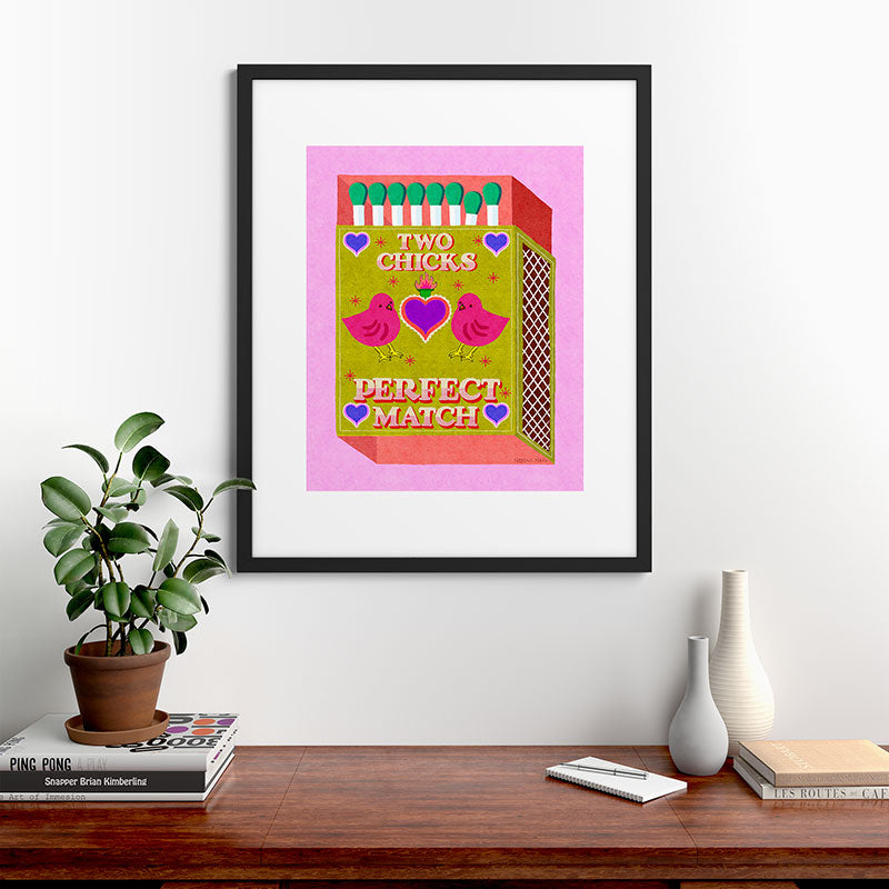 2 Chicks Perfect Match Vintage Matchbox Green & Pink Palette Framed Art Print