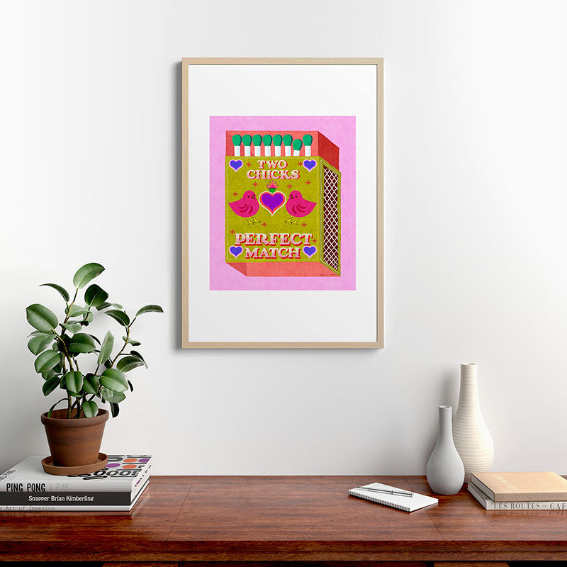 2 Chicks Perfect Match Vintage Matchbox Green & Pink Palette Framed Art Print