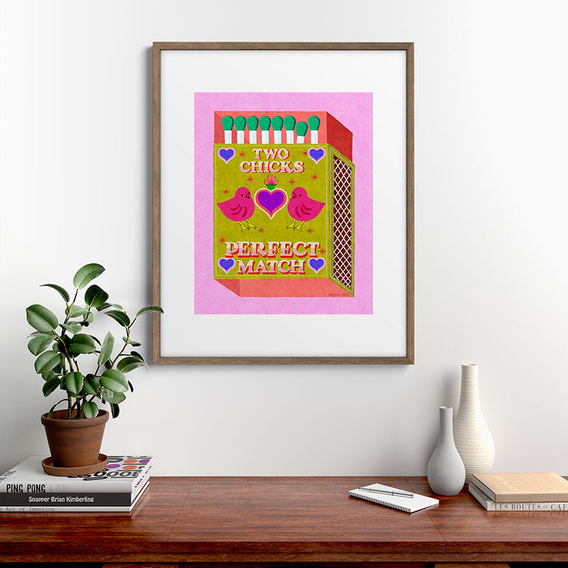 2 Chicks Perfect Match Vintage Matchbox Green & Pink Palette Framed Art Print