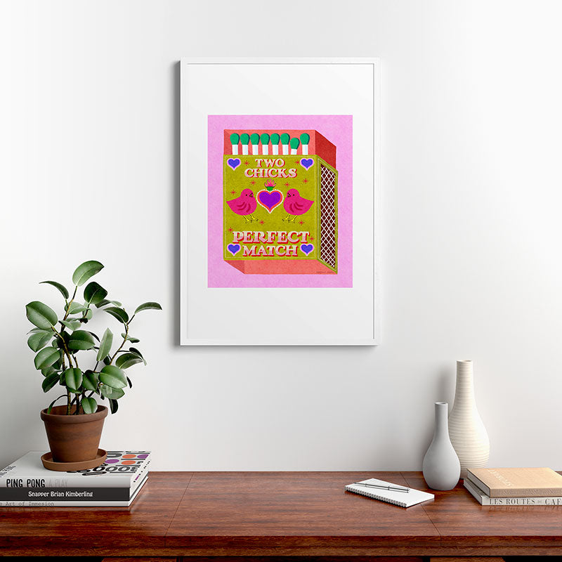 2 Chicks Perfect Match Vintage Matchbox Green & Pink Palette Framed Art Print