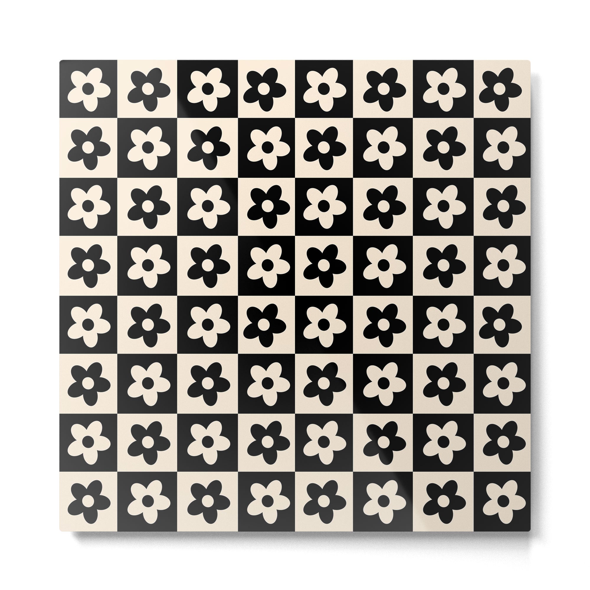90s flowers checkers cream and black Metal Print