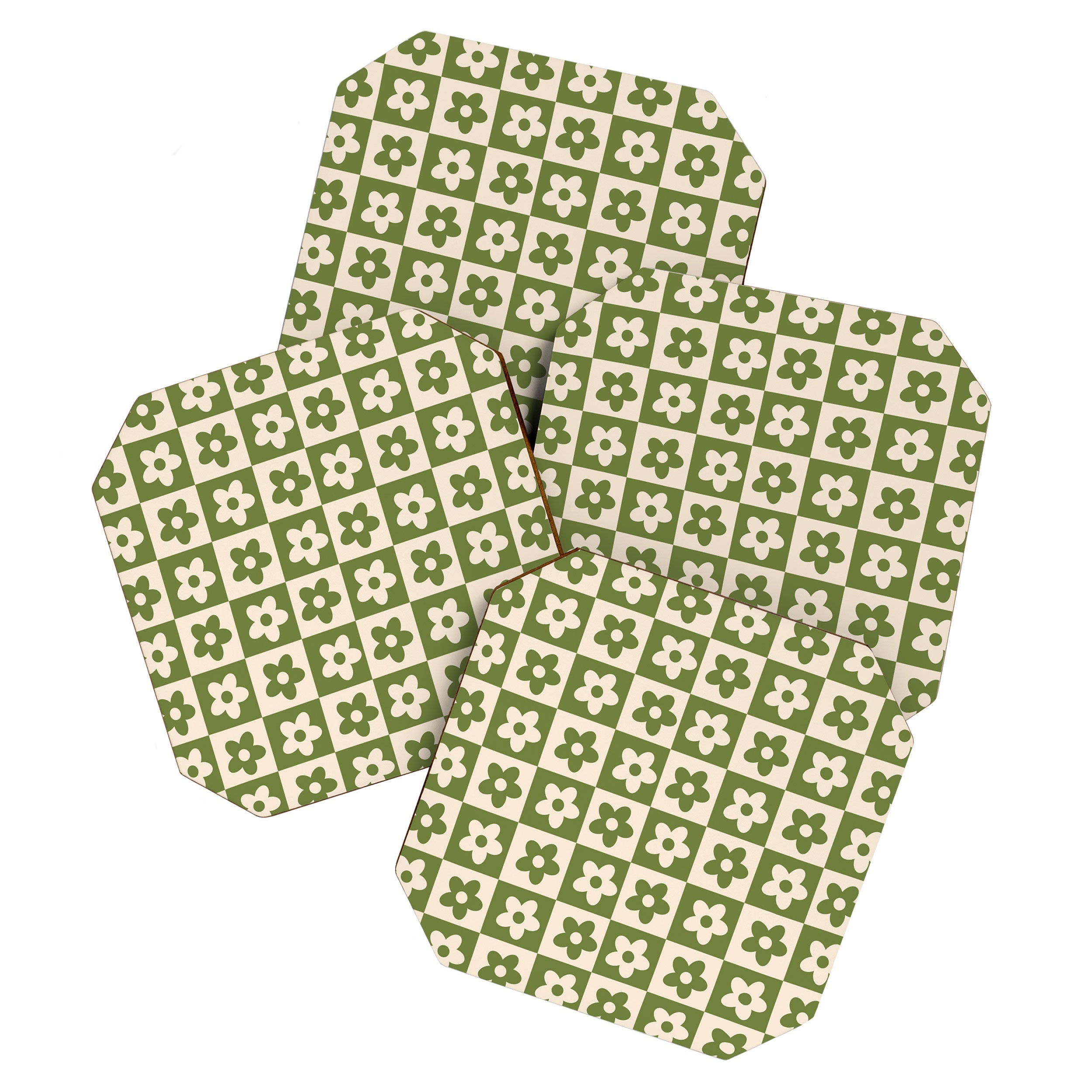 90s flowers checkers cream and green Coaster