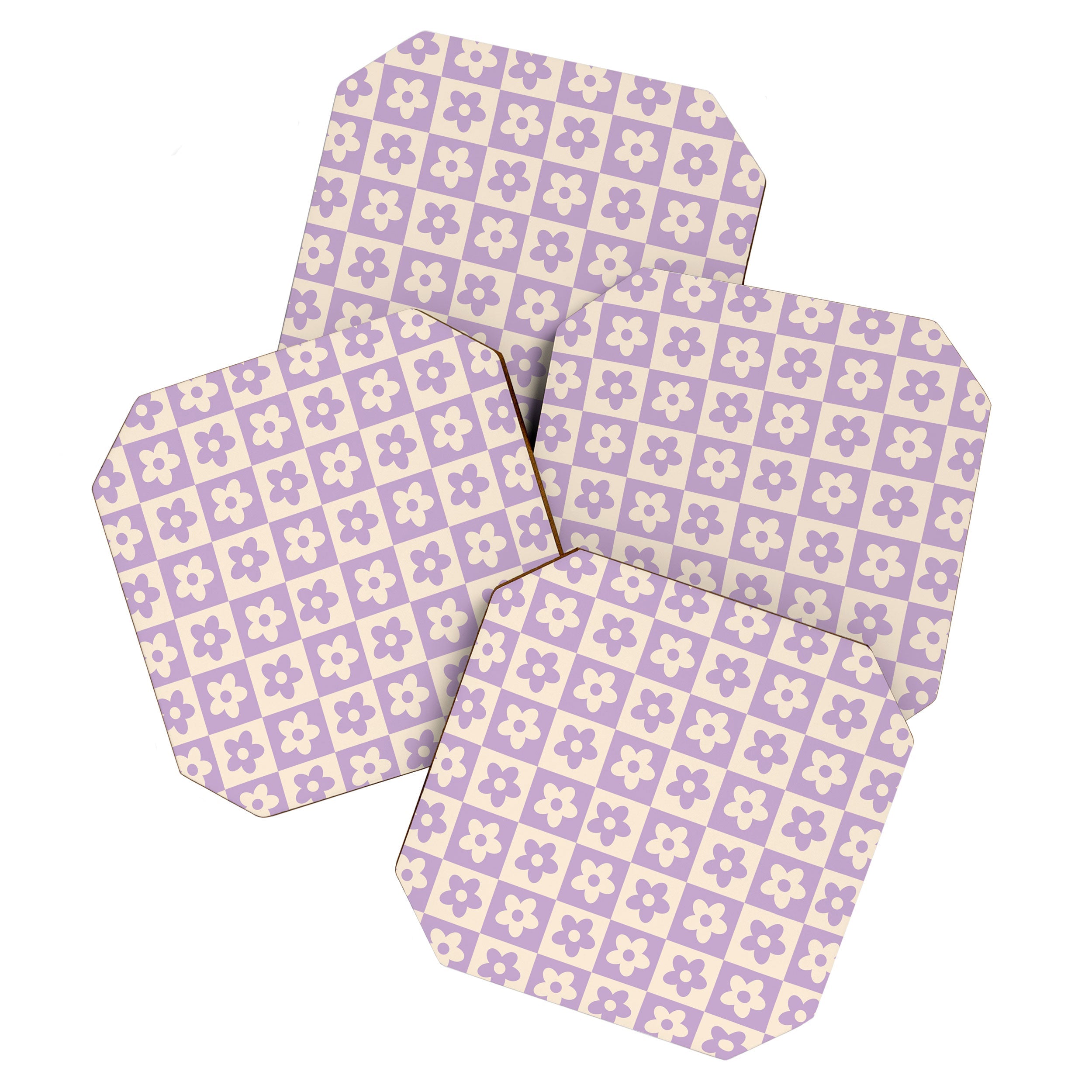 90s flowers checkers cream and lilac Coaster