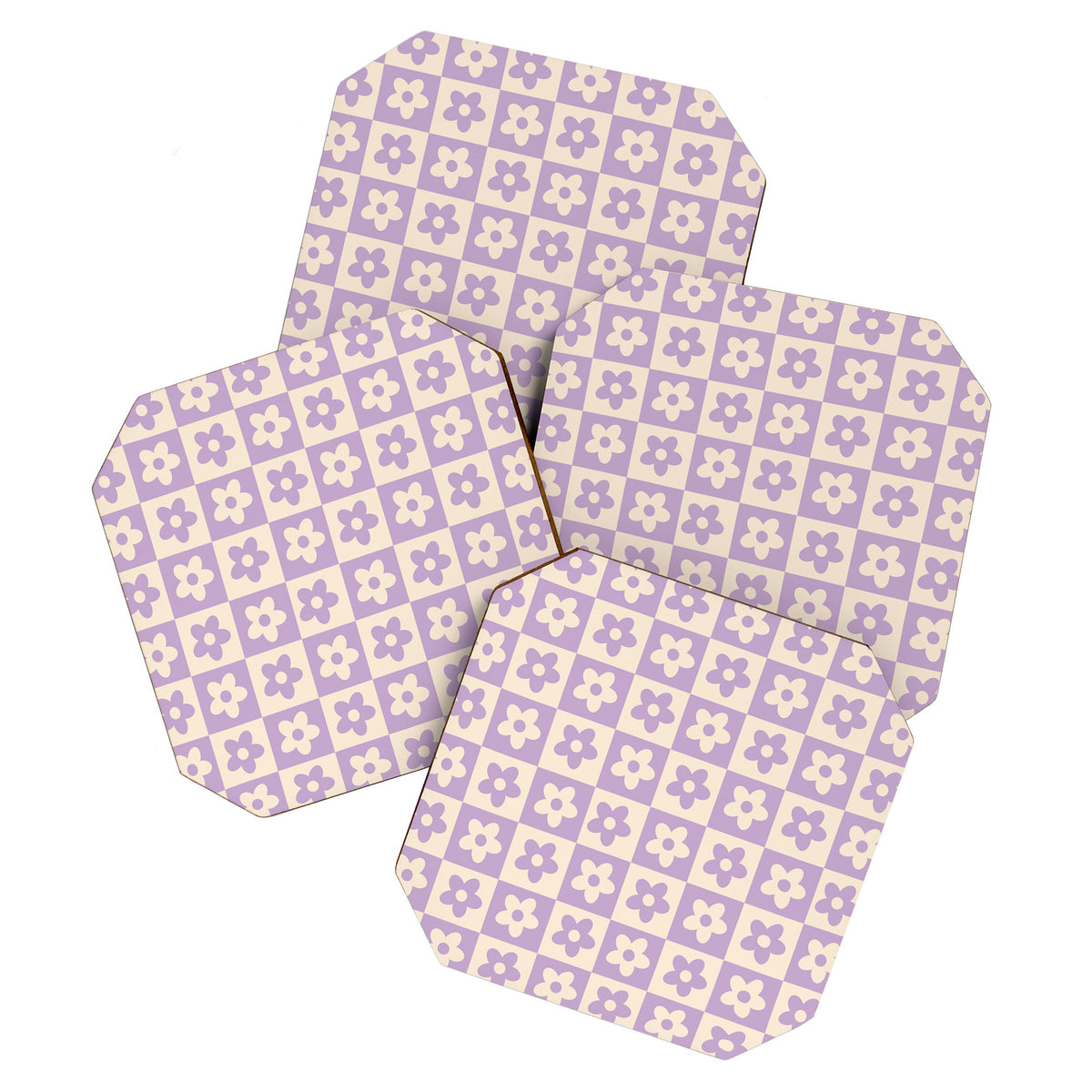 90s flowers checkers cream and lilac Coaster