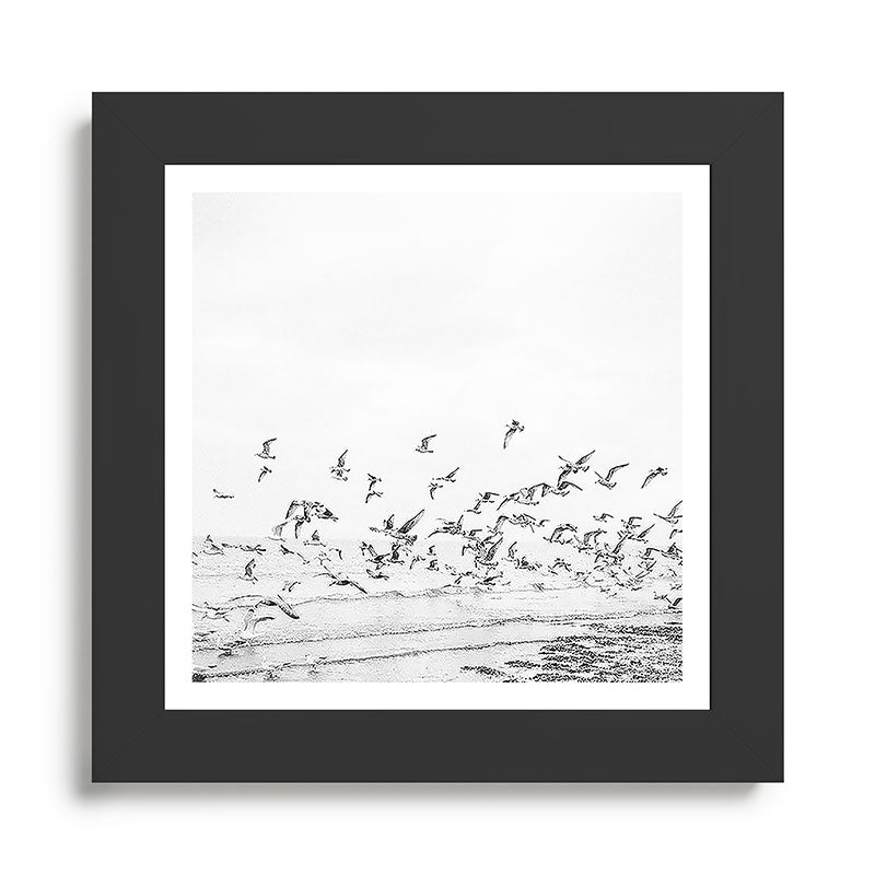 "Seagulls" | Coastal black and white photo | Film photography | Beach - square Framed Art Print