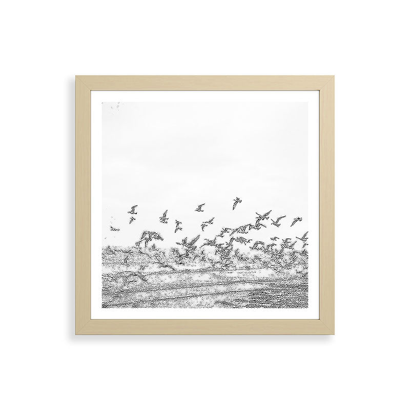 "Seagulls" | Coastal black and white photo | Film photography | Beach - square Framed Art Print
