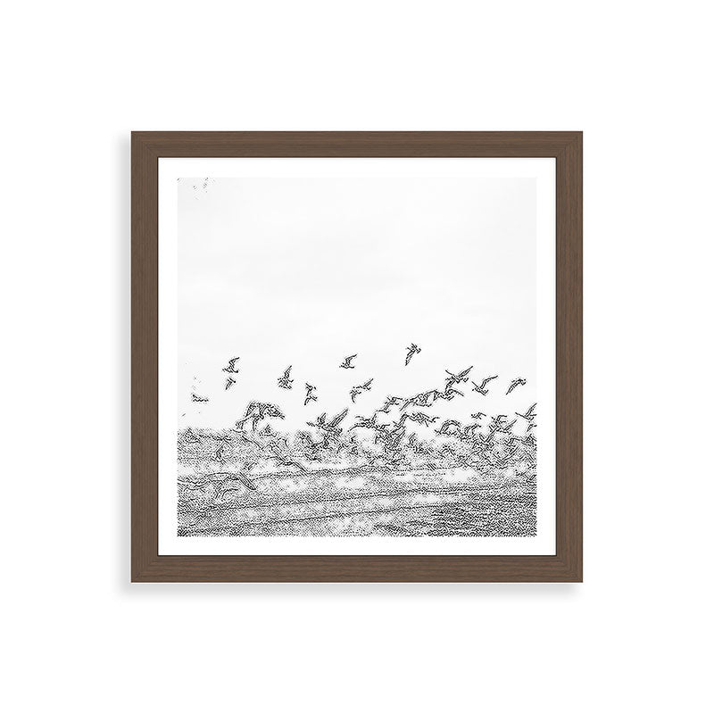 "Seagulls" | Coastal black and white photo | Film photography | Beach - square Framed Art Print