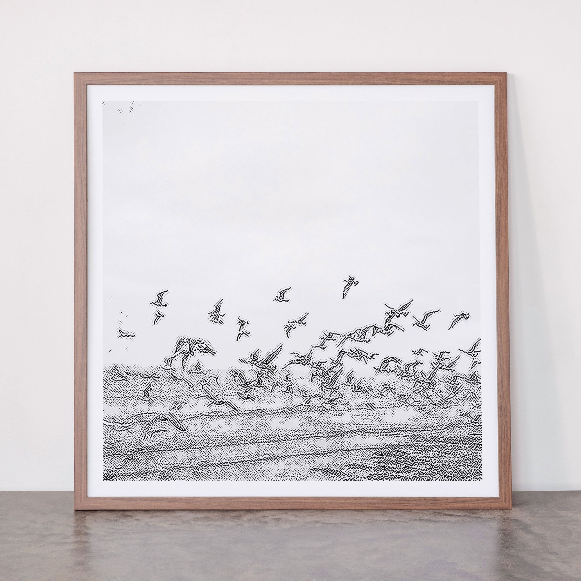 "Seagulls" | Coastal black and white photo | Film photography | Beach - square Framed Art Print