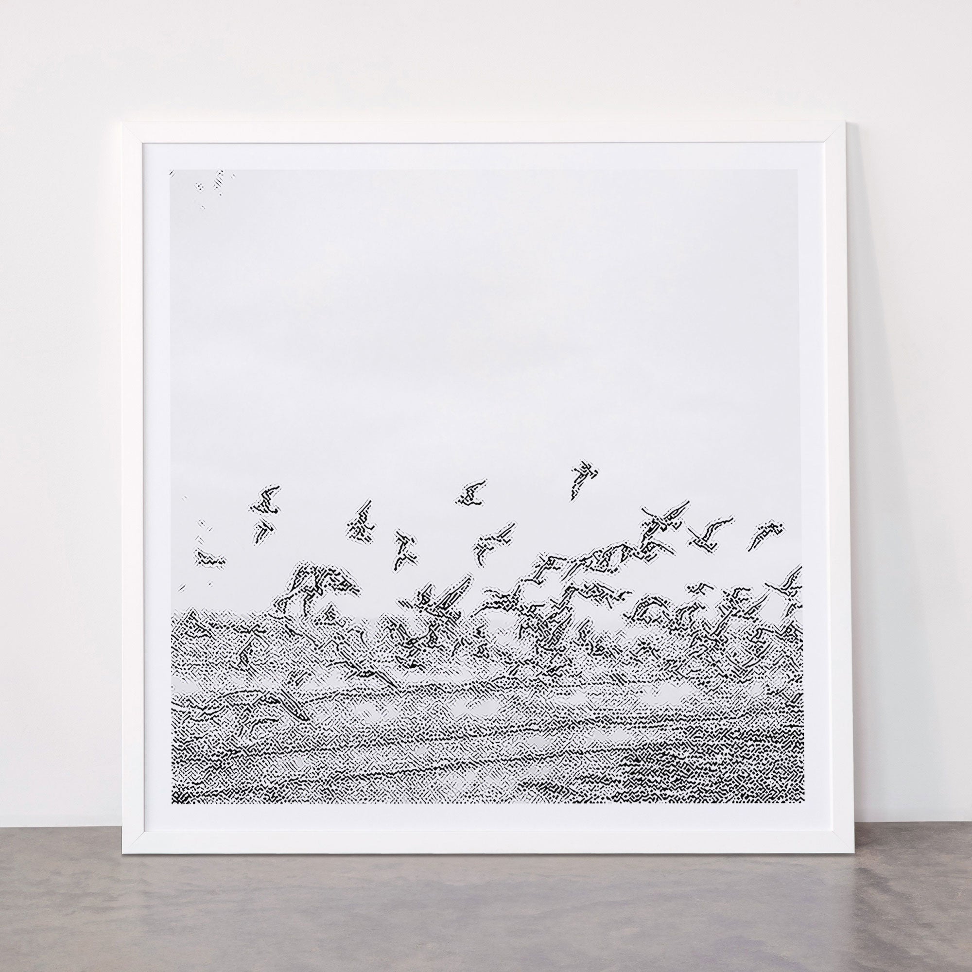 "Seagulls" | Coastal black and white photo | Film photography | Beach - square Framed Art Print