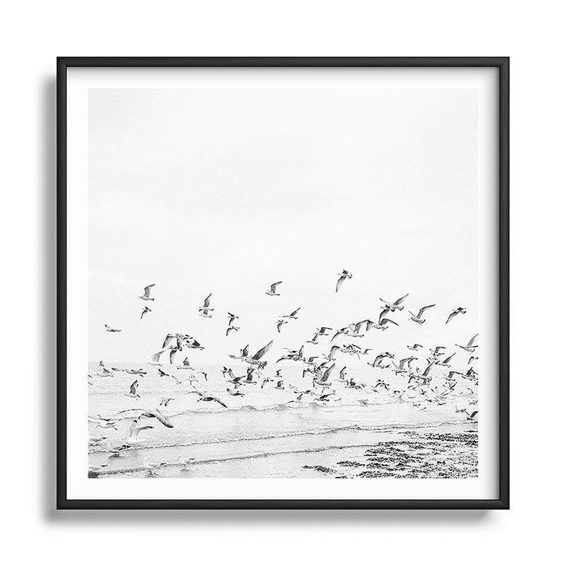 "Seagulls" | Coastal black and white photo | Film photography | Beach - square Framed Art Print