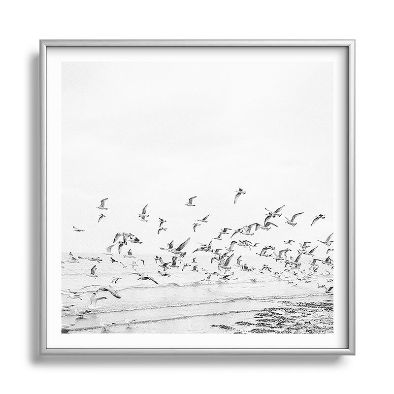 "Seagulls" | Coastal black and white photo | Film photography | Beach - square Framed Art Print