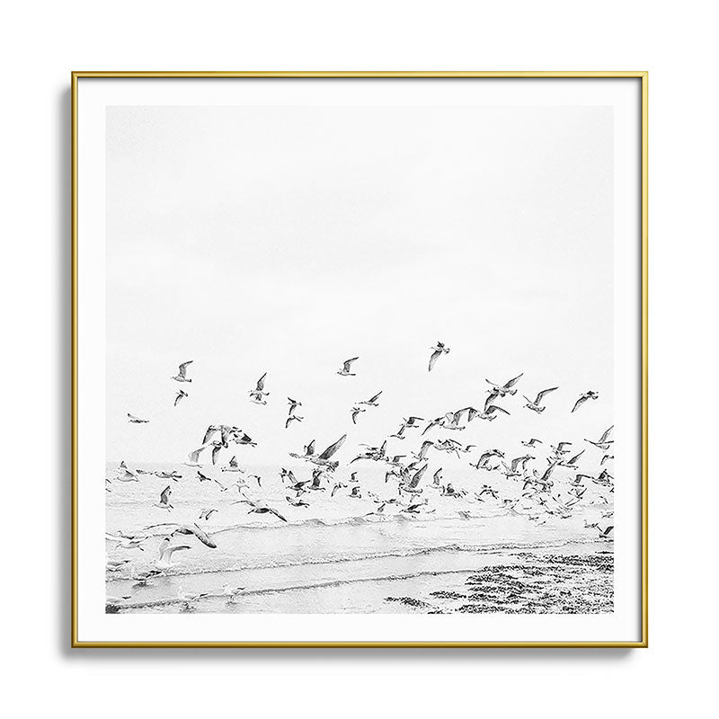 "Seagulls" | Coastal black and white photo | Film photography | Beach - square Framed Art Print