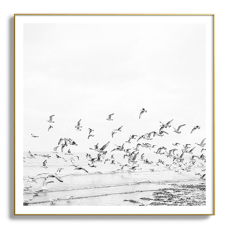 "Seagulls" | Coastal black and white photo | Film photography | Beach - square Framed Art Print