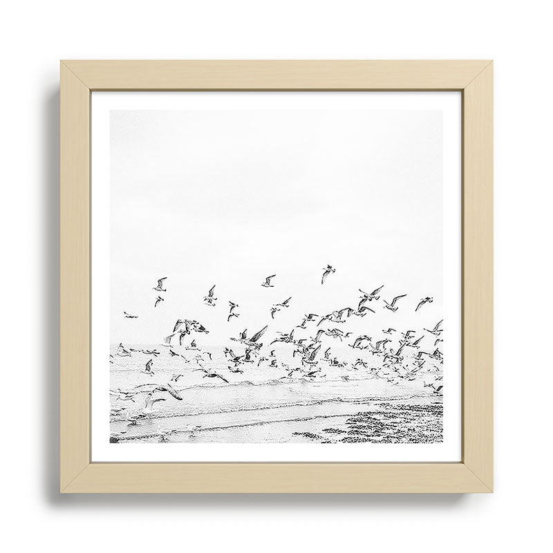 "Seagulls" | Coastal black and white photo | Film photography | Beach - square Framed Art Print