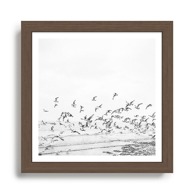 "Seagulls" | Coastal black and white photo | Film photography | Beach - square Framed Art Print