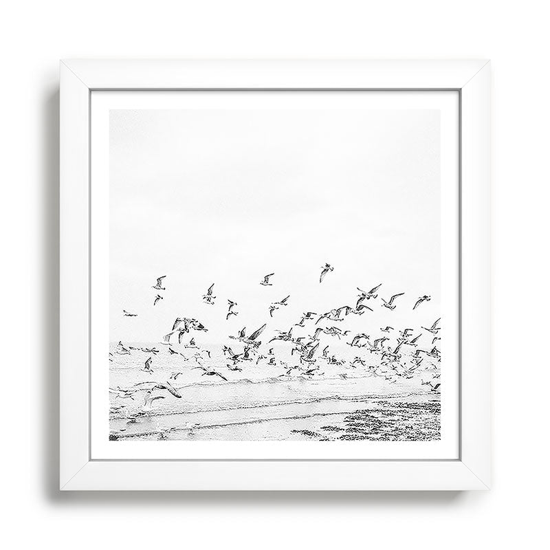 "Seagulls" | Coastal black and white photo | Film photography | Beach - square Framed Art Print