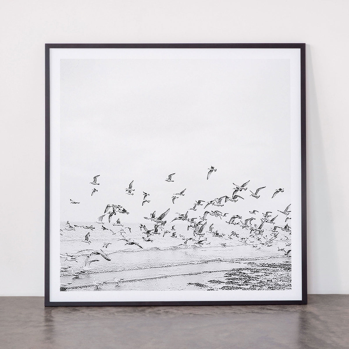"Seagulls" | Coastal black and white photo | Film photography | Beach - square Framed Art Print