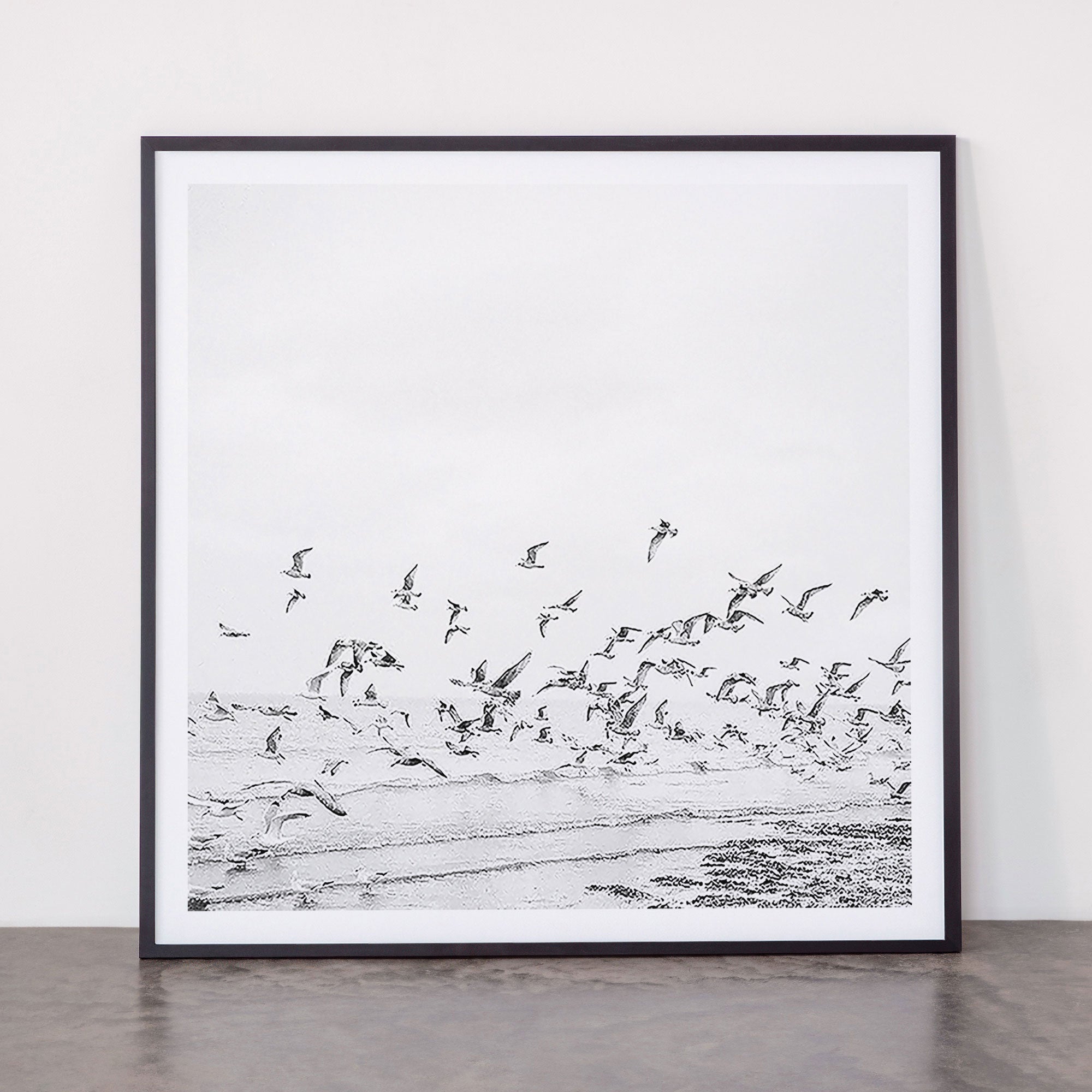 "Seagulls" | Coastal black and white photo | Film photography | Beach - square Framed Art Print