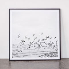 "Seagulls" | Coastal black and white photo | Film photography | Beach - square Framed Art Print