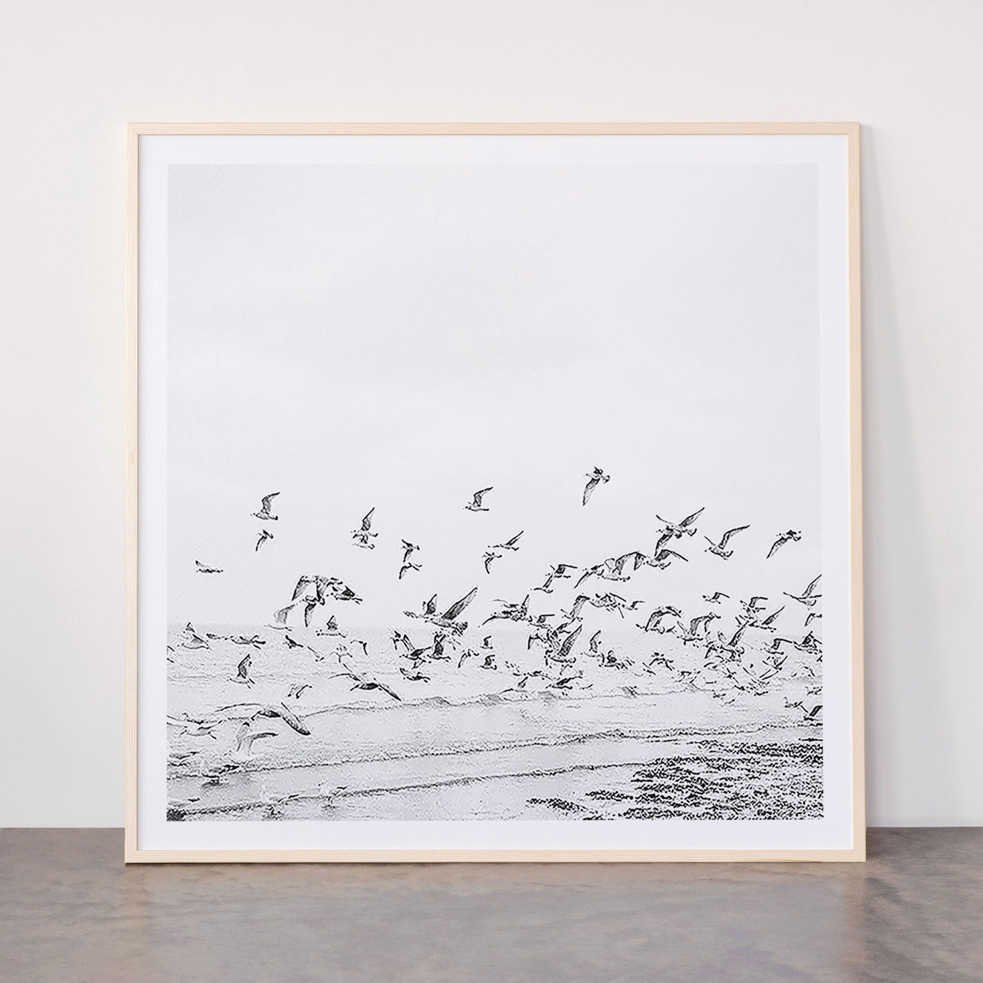 "Seagulls" | Coastal black and white photo | Film photography | Beach - square Framed Art Print