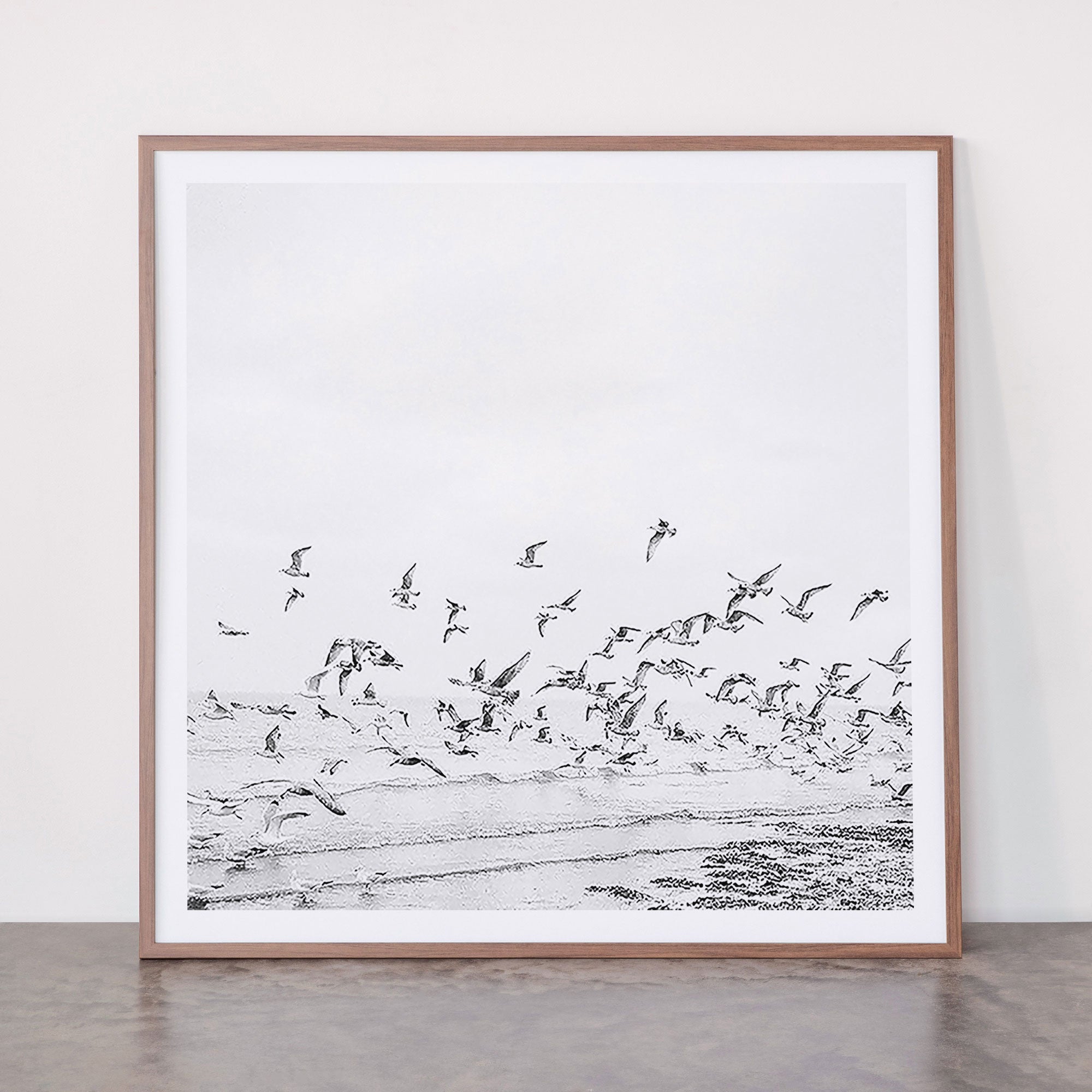 "Seagulls" | Coastal black and white photo | Film photography | Beach - square Framed Art Print