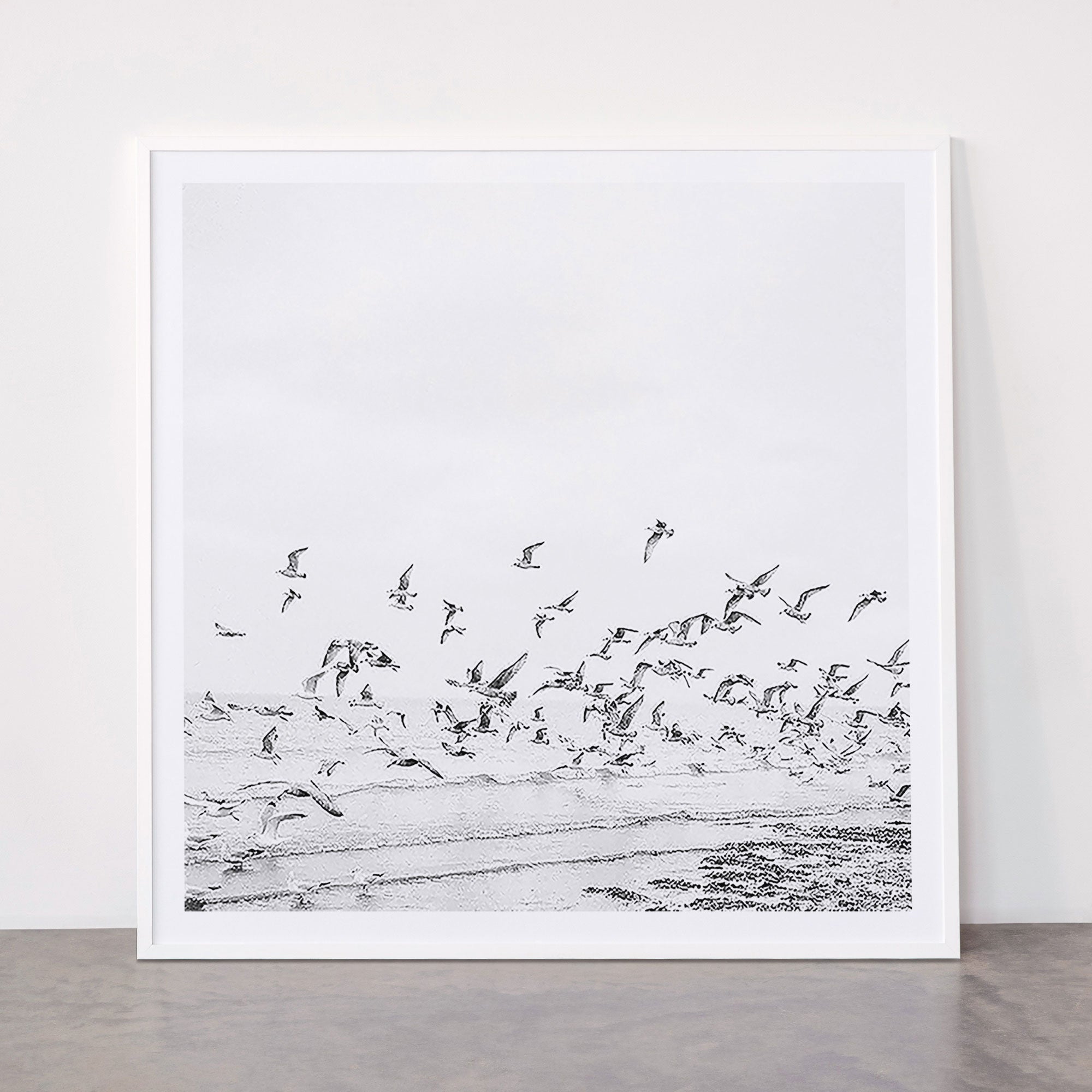 "Seagulls" | Coastal black and white photo | Film photography | Beach - square Framed Art Print