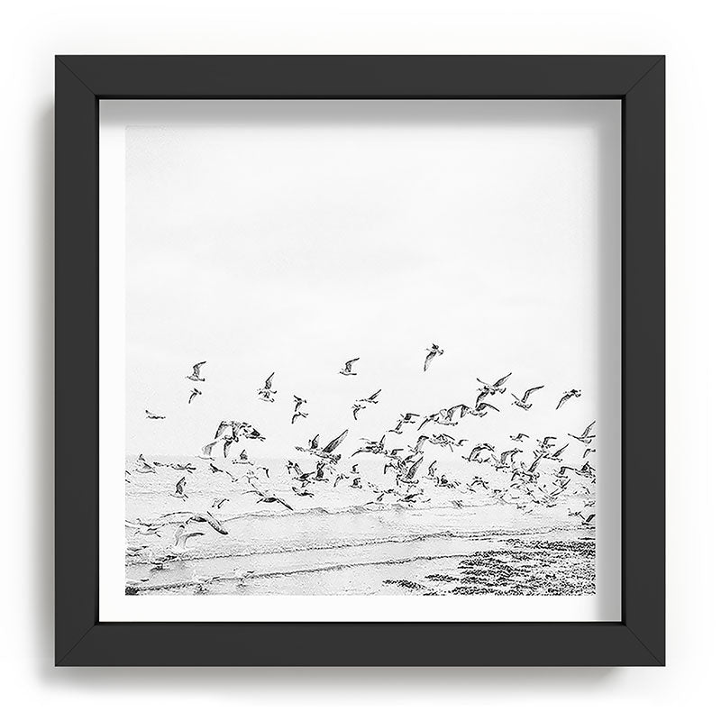 "Seagulls" | Coastal black and white photo | Film photography | Beach - square Framed Art Print