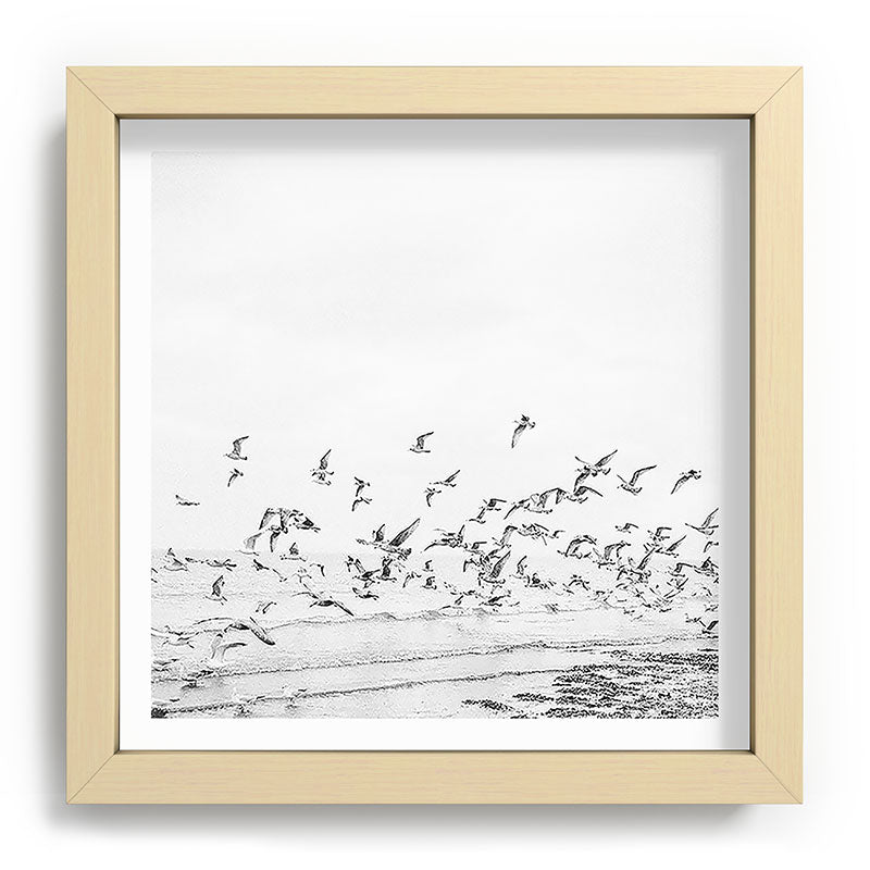 "Seagulls" | Coastal black and white photo | Film photography | Beach - square Framed Art Print