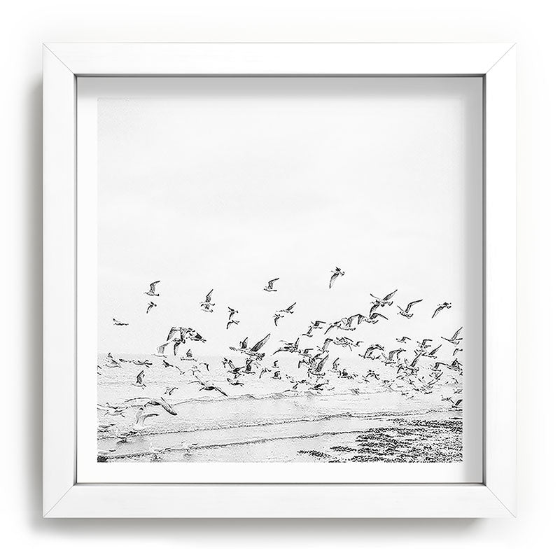"Seagulls" | Coastal black and white photo | Film photography | Beach - square Framed Art Print