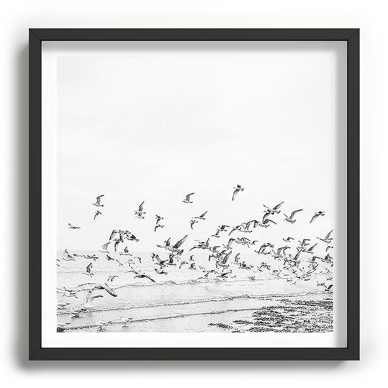 "Seagulls" | Coastal black and white photo | Film photography | Beach - square Framed Art Print