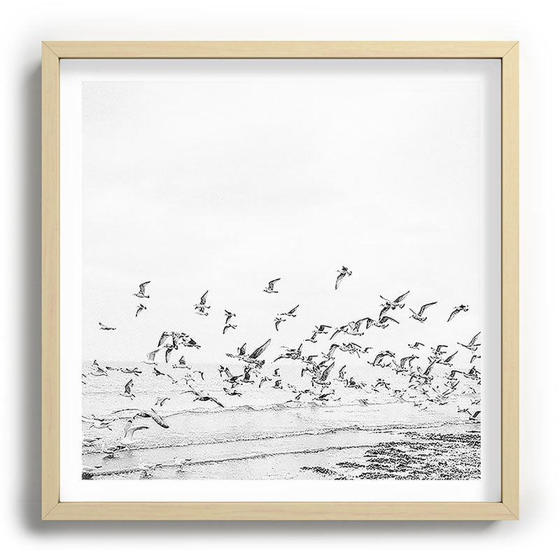 "Seagulls" | Coastal black and white photo | Film photography | Beach - square Framed Art Print