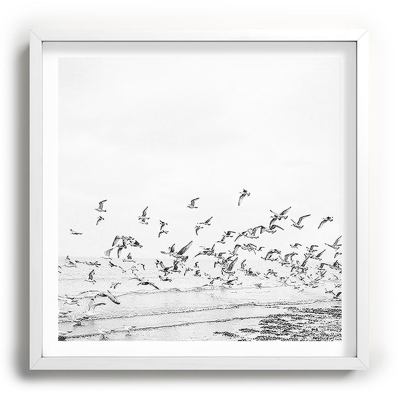 "Seagulls" | Coastal black and white photo | Film photography | Beach - square Framed Art Print