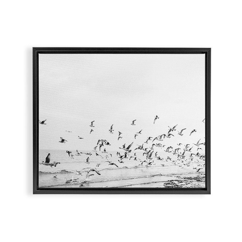 "Seagulls" | Coastal black and white photo | Film photography | Beach Framed Canvas Print