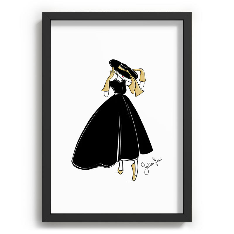 1950's Inspired Fashion Illustration Black & White with Gold Framed Art Print