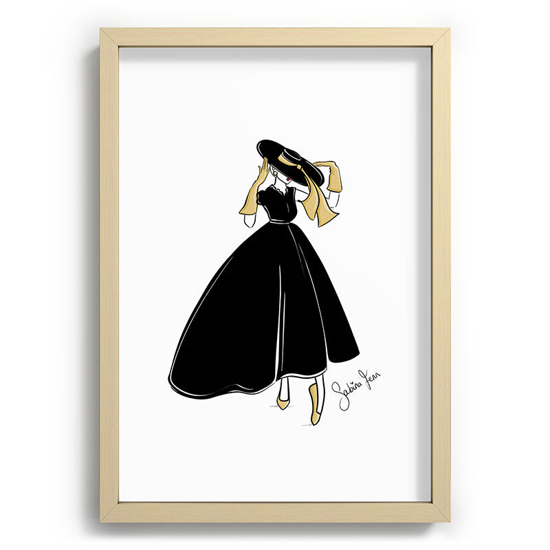 1950's Inspired Fashion Illustration Black & White with Gold Framed Art Print